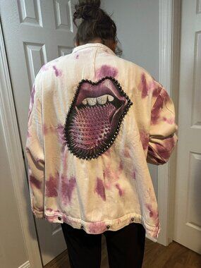 Purple and White Tie Die Upcycled Rolling Stones Studded Jean Jacket